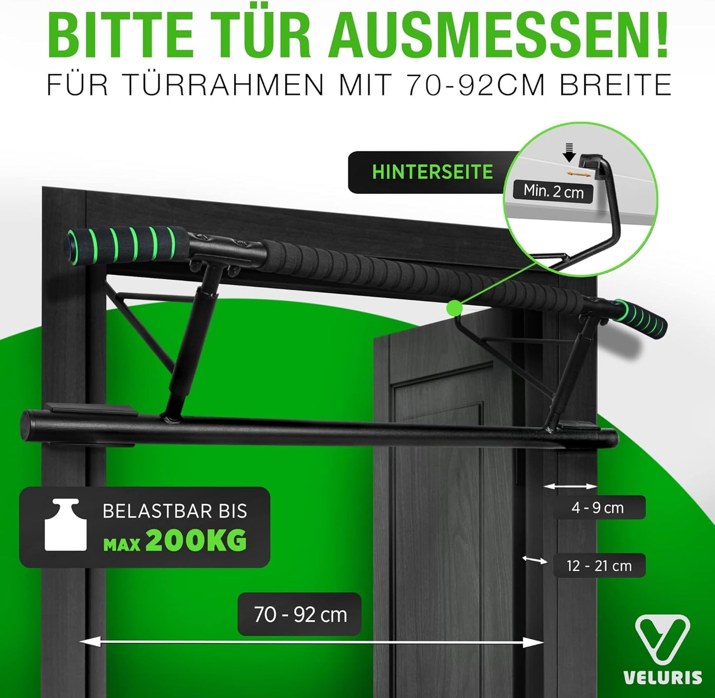 Klimmzugstange Türrahmen - Stark Belastbare Pull up Bar [Bis 200 KG]- Türreck Ohne Aufbau - 20 Cm Höher Im Rahmen - Auch Für Dips&Push Ups (Abgerundet)